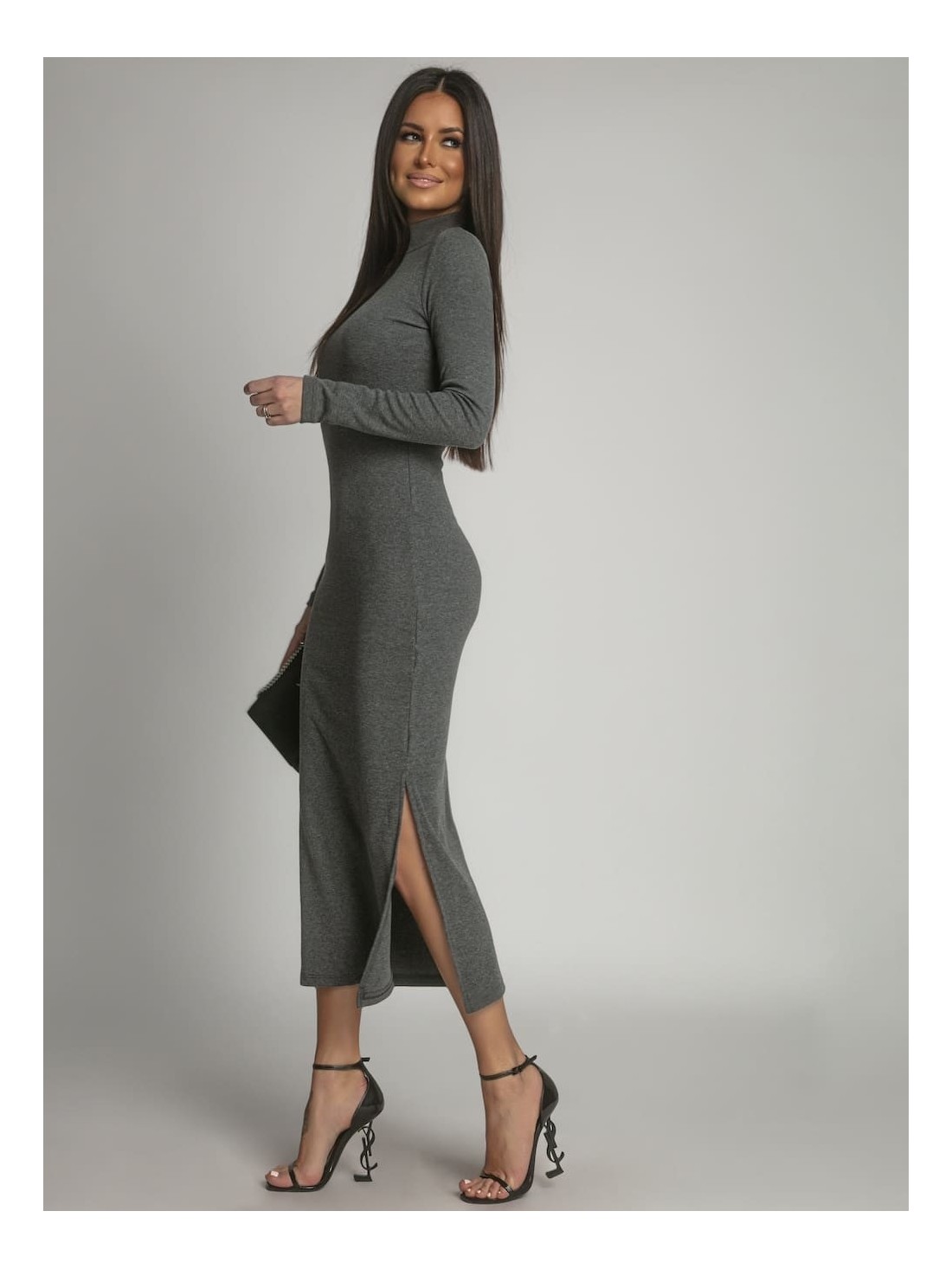 Cotton fitted maxi dress with a turtleneck, graphite FG680